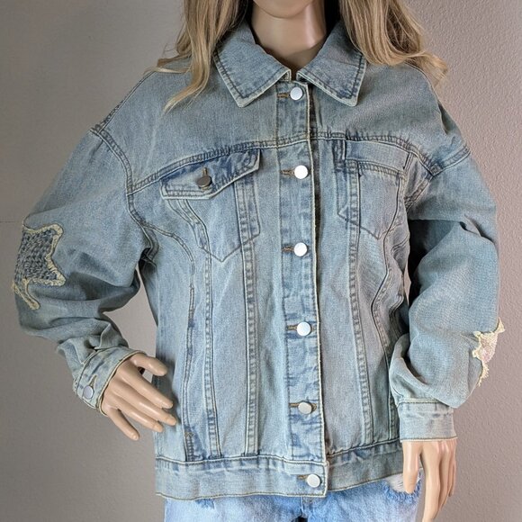 Savanna Jane Jean Jacket Women's Large Distressed Embroidered Pink Stars Sequins - Picture 1 of 16